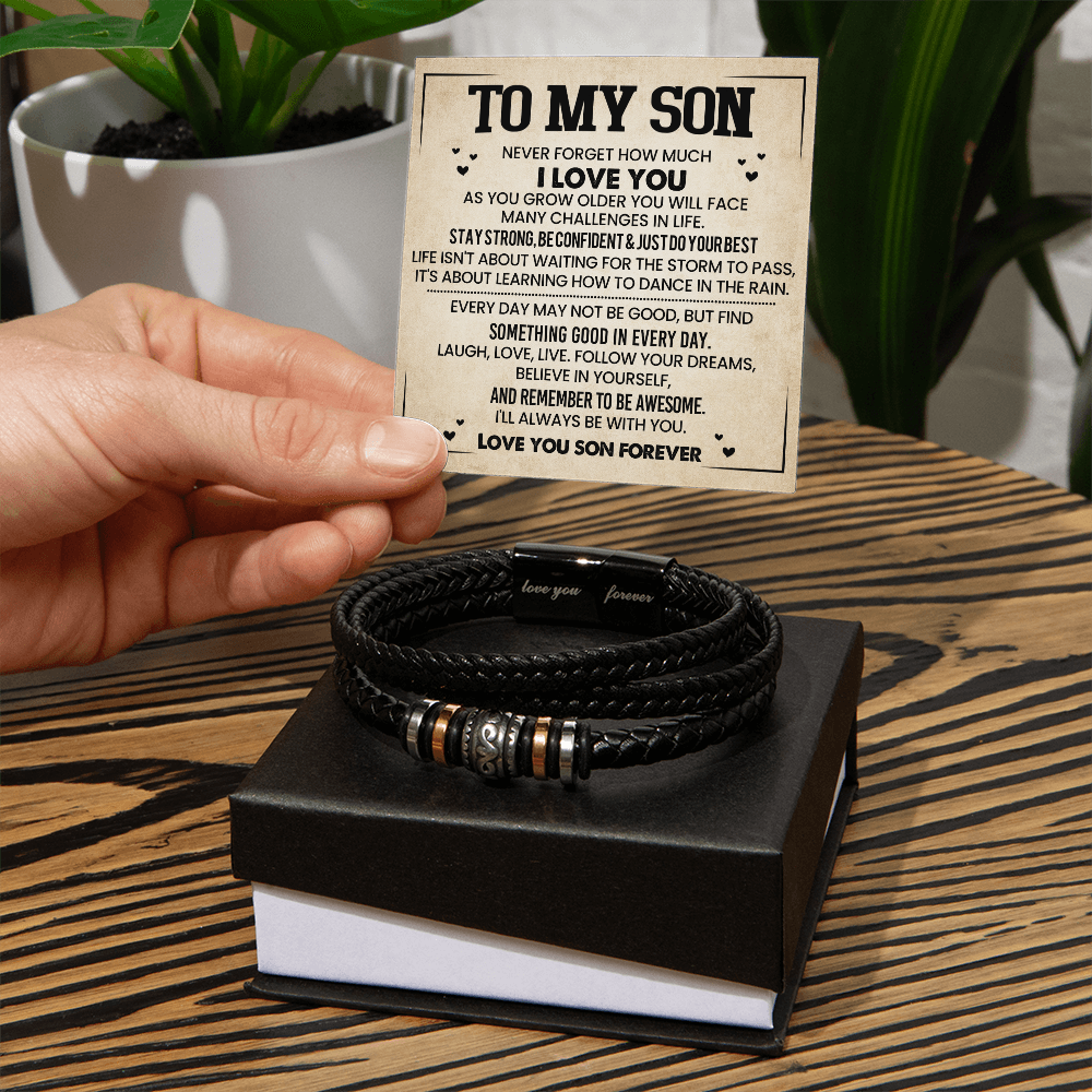 To My Son Bracelet from Mom – Braided Leather Cross Gift with Card, Birthday Graduation Present
