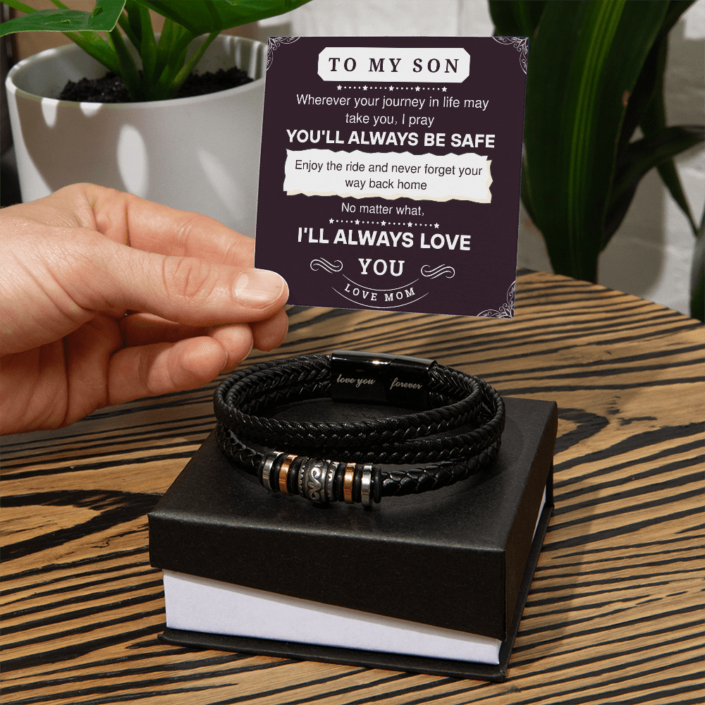 To My Son Leather Bracelet – Love You Forever Gift from Parents, Birthday or Graduation Present