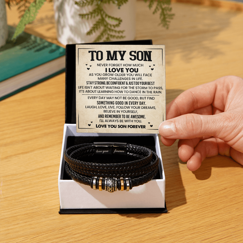To My Son Bracelet from Mom – Braided Leather Cross Gift with Card, Birthday Graduation Present