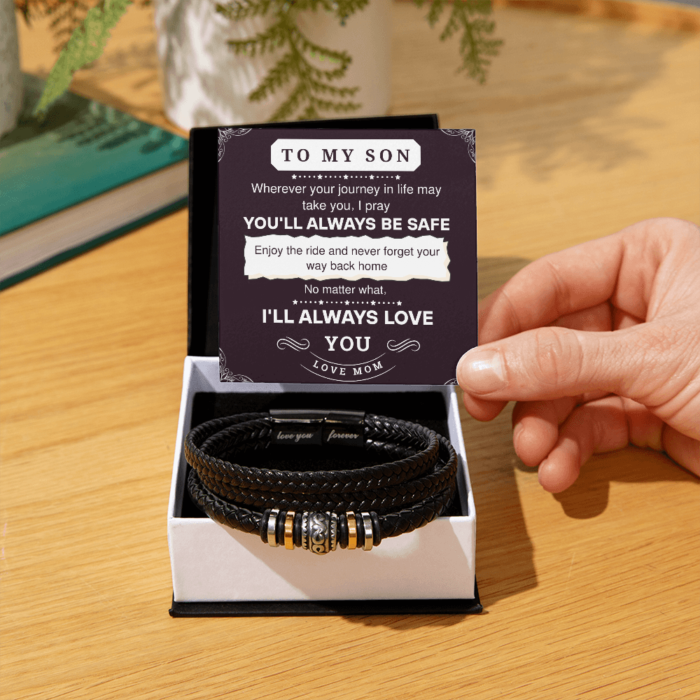 To My Son Leather Bracelet – Love You Forever Gift from Parents, Birthday or Graduation Present