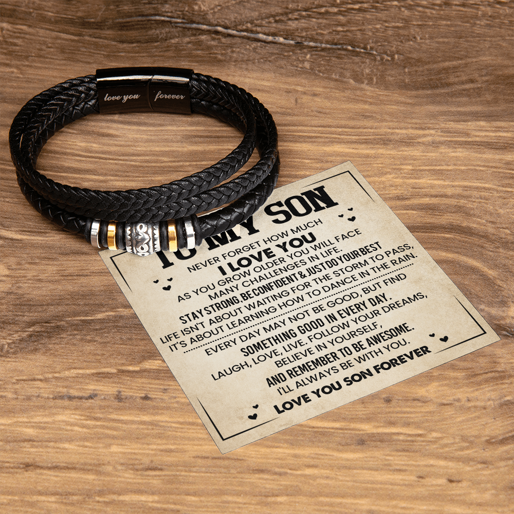 To My Son Bracelet from Mom – Braided Leather Cross Gift with Card, Birthday Graduation Present