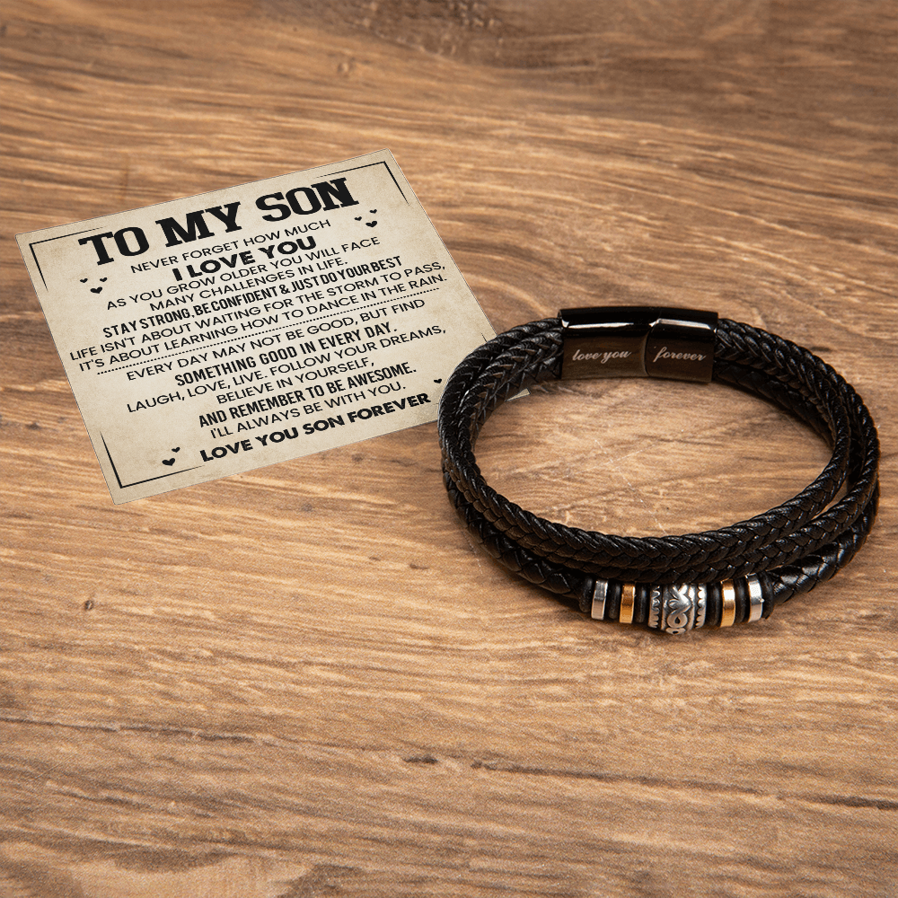 To My Son Bracelet from Mom – Braided Leather Cross Gift with Card, Birthday Graduation Present