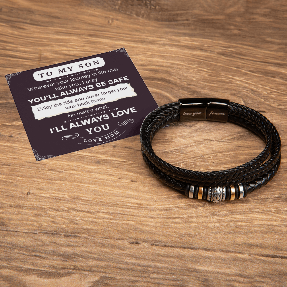To My Son Leather Bracelet – Love You Forever Gift from Parents, Birthday or Graduation Present