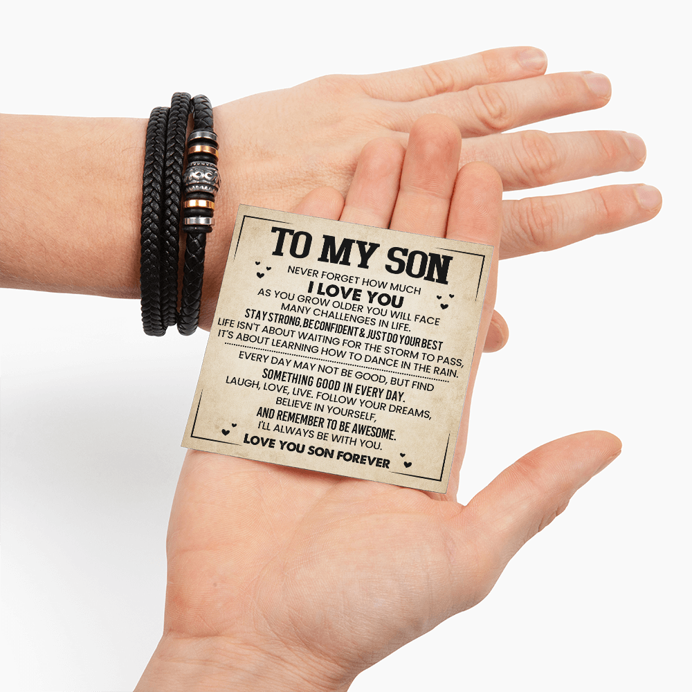 To My Son Bracelet from Mom – Braided Leather Cross Gift with Card, Birthday Graduation Present