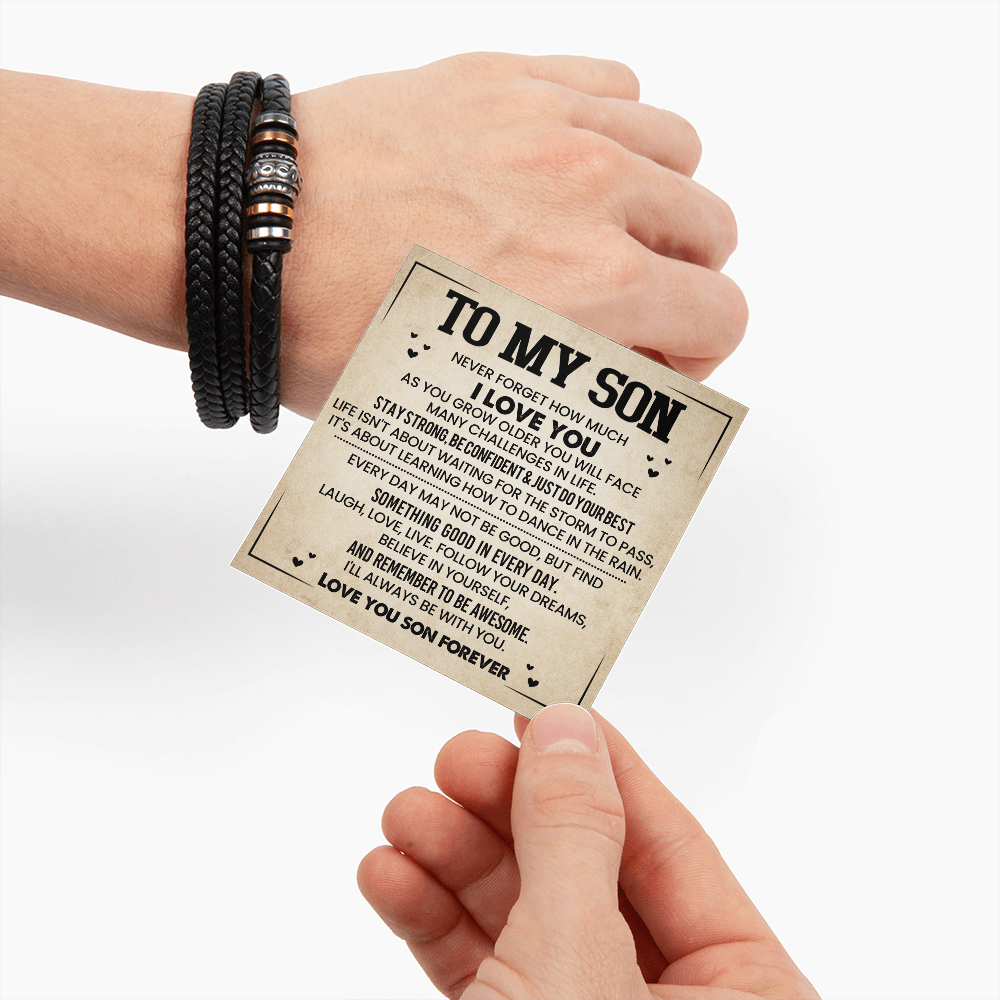 To My Son Bracelet from Mom – Braided Leather Cross Gift with Card, Birthday Graduation Present