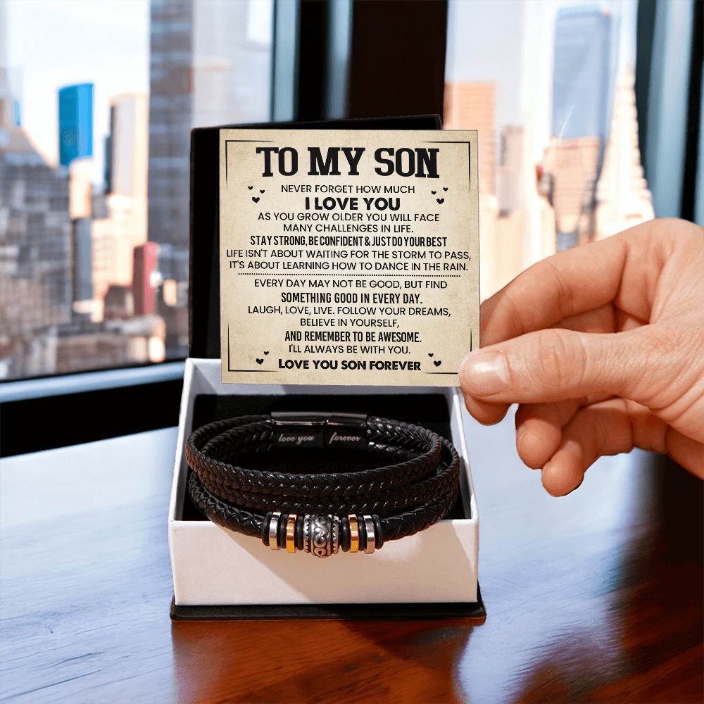 To My Son Bracelet from Mom – Braided Leather Cross Gift with Card, Birthday Graduation Present