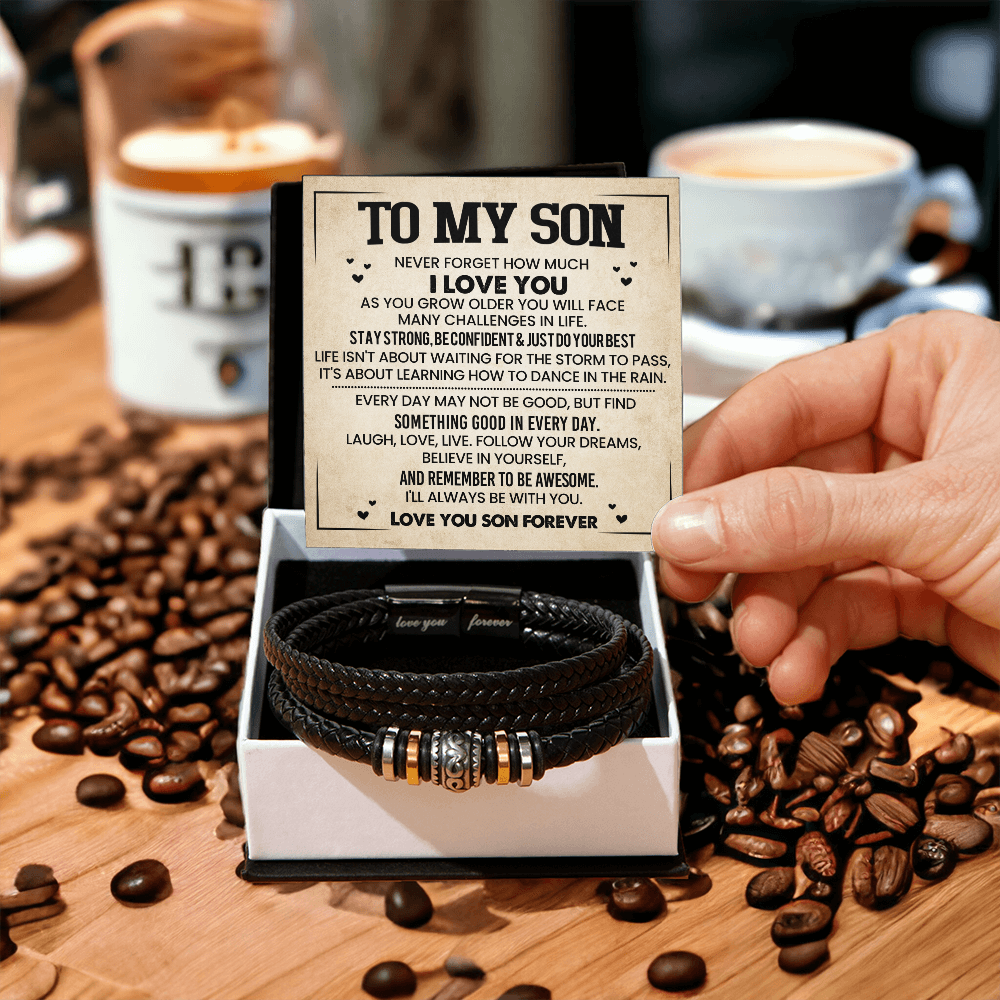 To My Son Bracelet from Mom – Braided Leather Cross Gift with Card, Birthday Graduation Present