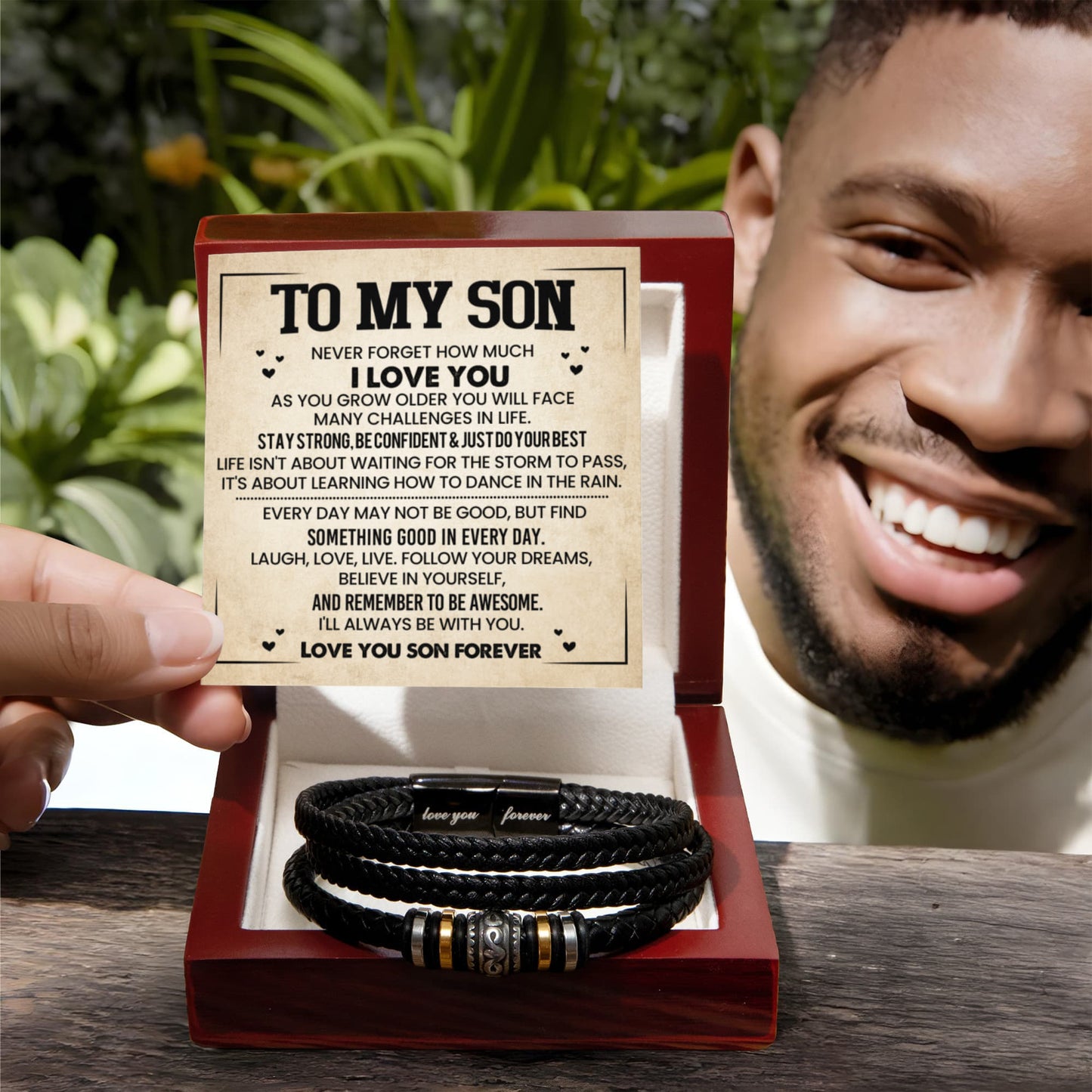 To My Son Bracelet from Mom – Braided Leather Cross Gift with Card, Birthday Graduation Present