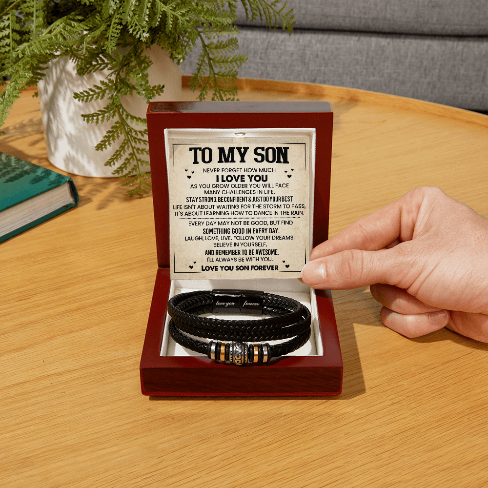 To My Son Bracelet from Mom – Braided Leather Cross Gift with Card, Birthday Graduation Present