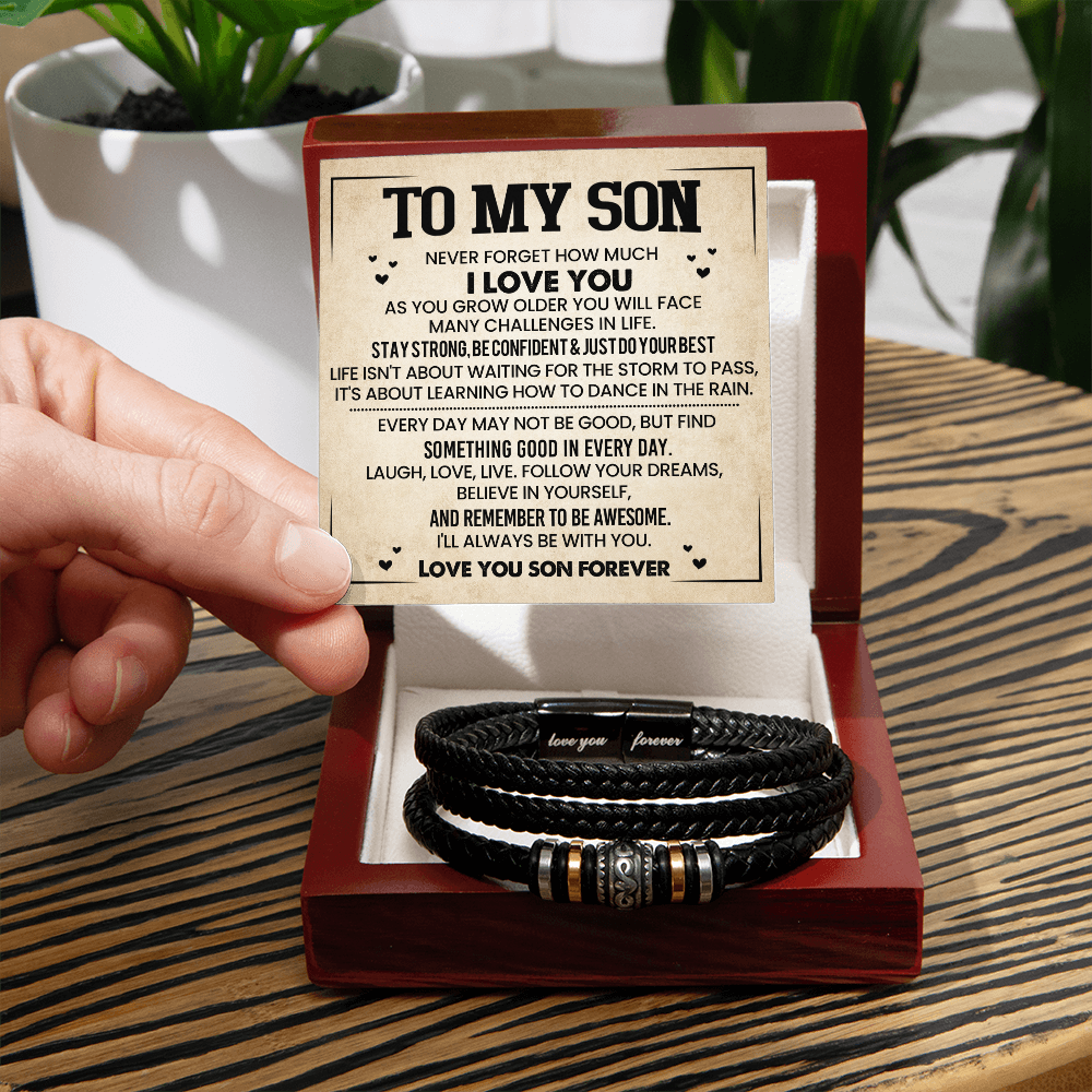 To My Son Bracelet from Mom – Braided Leather Cross Gift with Card, Birthday Graduation Present