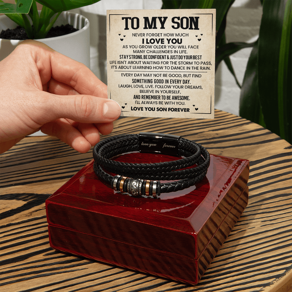 To My Son Bracelet from Mom – Braided Leather Cross Gift with Card, Birthday Graduation Present