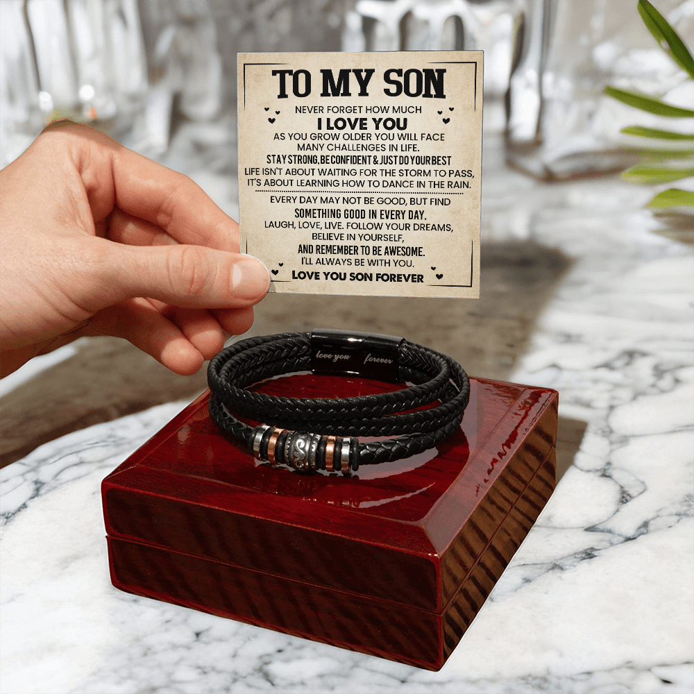 To My Son Bracelet from Mom – Braided Leather Cross Gift with Card, Birthday Graduation Present