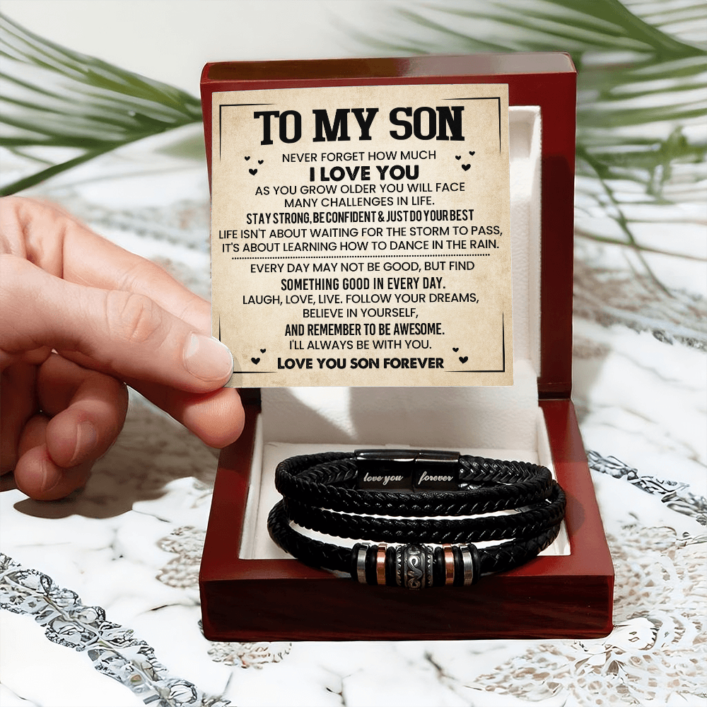 To My Son Bracelet from Mom – Braided Leather Cross Gift with Card, Birthday Graduation Present