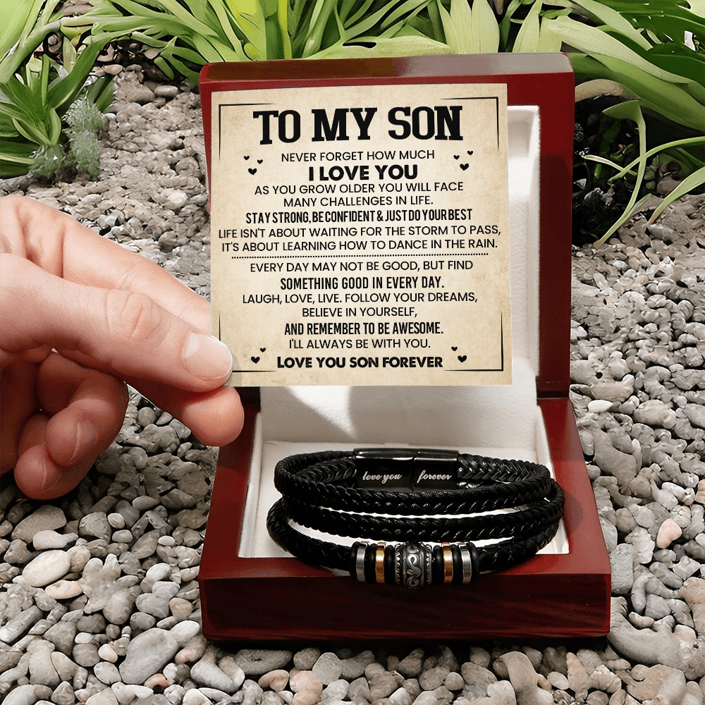 To My Son Bracelet from Mom – Braided Leather Cross Gift with Card, Birthday Graduation Present
