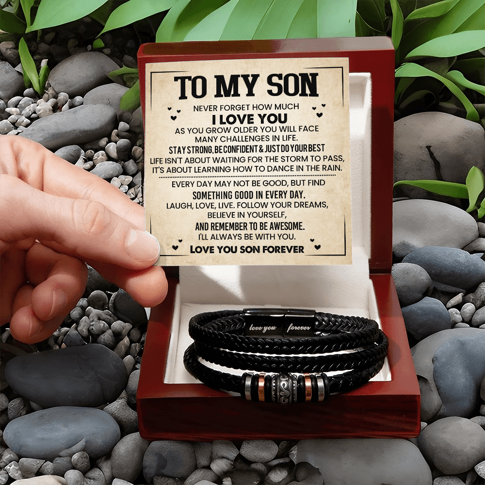 To My Son Bracelet from Mom – Braided Leather Cross Gift with Card, Birthday Graduation Present