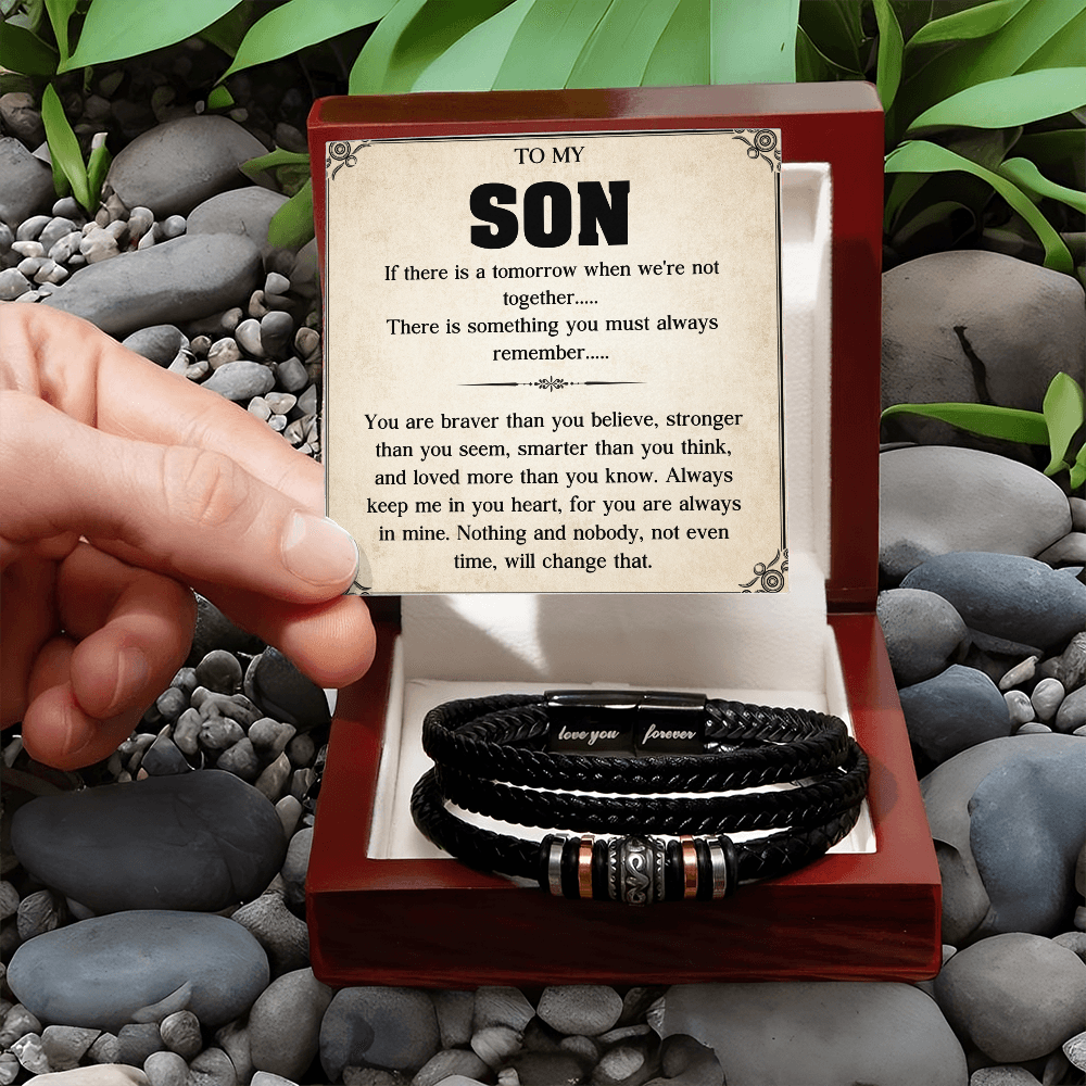 To My Son Bracelet, Braided Leather Bracelet with Stainless Steel Beads, Inspirational Message Card, Gift from Mom and Dad, Birthday Graduation Christmas Gift for Son, Keepsake Jewelry for Men