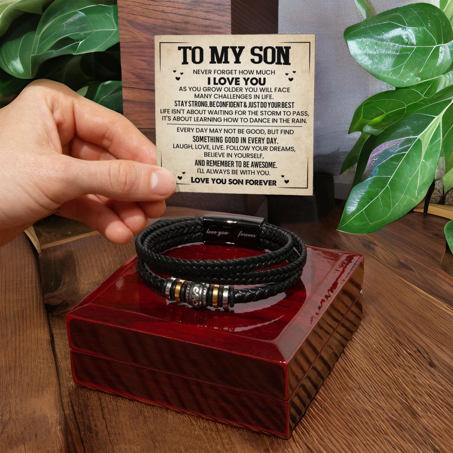 To My Son Bracelet from Mom – Braided Leather Cross Gift with Card, Birthday Graduation Present