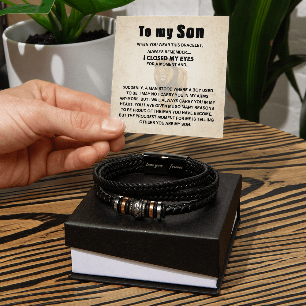 To My Son Bracelet, Braided Leather Bracelet with Stainless Steel Beads, Inspirational Message Card, Gift from Mom and Dad, Birthday Graduation Christmas Gift for Son, Keepsake Jewelry for Men