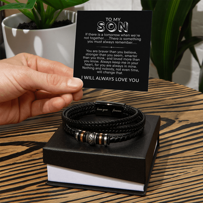 To My Son Bracelet, Braided Leather Bracelet with Stainless Steel Beads, Inspirational Message Card, Gift from Mom and Dad, Birthday Graduation Christmas Gift for Son, Keepsake Jewelry for Men