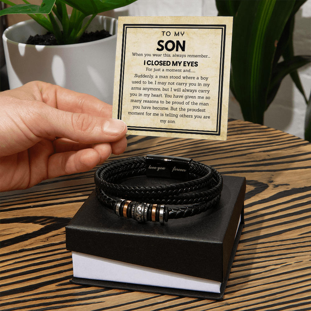 To My Son - Love You Forever Bracelet Jewelry with Heartfelt Message Card for Birthday, Graduation, or Christmas, Meaningful Gift from Mom and Dad