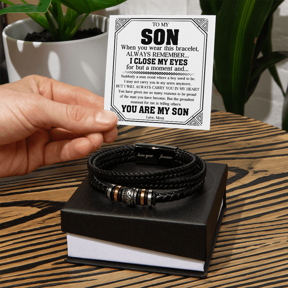 To My Son - Love You Forever Bracelet Jewelry with Heartfelt Message Card for Birthday, Graduation, or Christmas, Meaningful Gift from Mom and Dad