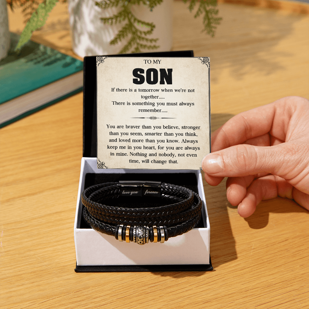 To My Son Bracelet, Braided Leather Bracelet with Stainless Steel Beads, Inspirational Message Card, Gift from Mom and Dad, Birthday Graduation Christmas Gift for Son, Keepsake Jewelry for Men