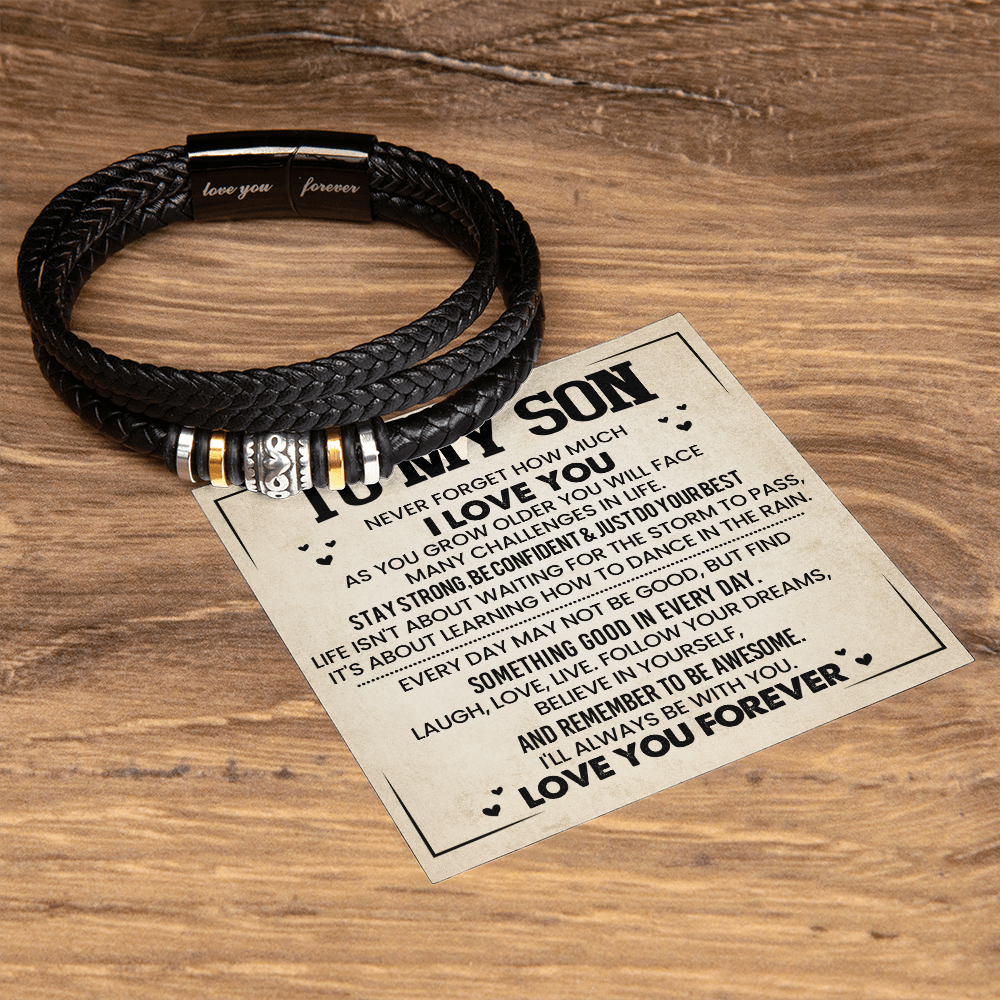 To My Son Bracelet, Braided Leather Bracelet with Stainless Steel Beads, Inspirational Message Card, Gift from Mom and Dad, Birthday Graduation Christmas Gift for Son, Keepsake Jewelry for Men