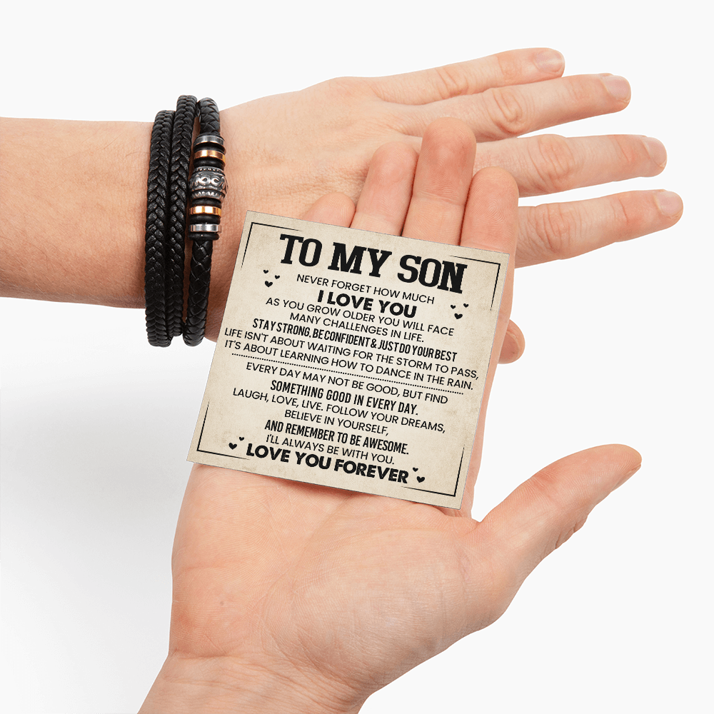 To My Son Bracelet, Braided Leather Bracelet with Stainless Steel Beads, Inspirational Message Card, Gift from Mom and Dad, Birthday Graduation Christmas Gift for Son, Keepsake Jewelry for Men