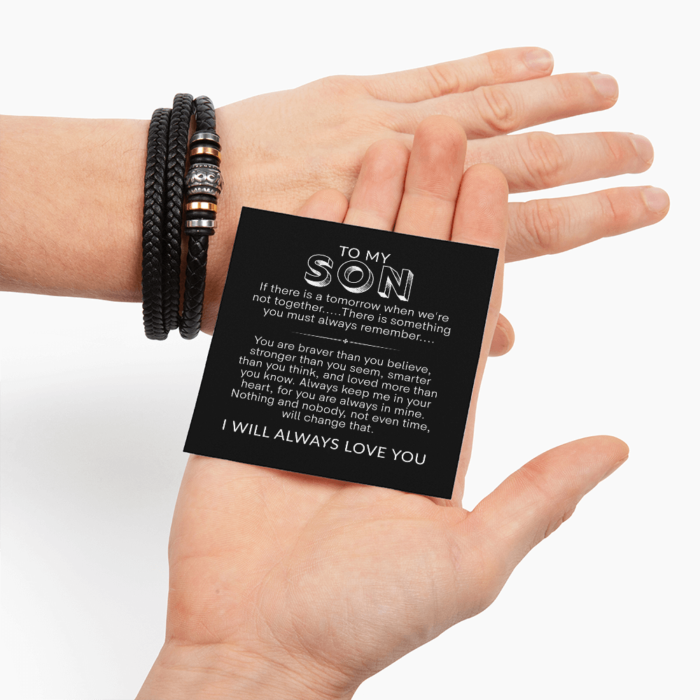 To My Son Bracelet, Braided Leather Bracelet with Stainless Steel Beads, Inspirational Message Card, Gift from Mom and Dad, Birthday Graduation Christmas Gift for Son, Keepsake Jewelry for Men