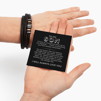 To My Son Bracelet, Braided Leather Bracelet with Stainless Steel Beads, Inspirational Message Card, Gift from Mom and Dad, Birthday Graduation Christmas Gift for Son, Keepsake Jewelry for Men