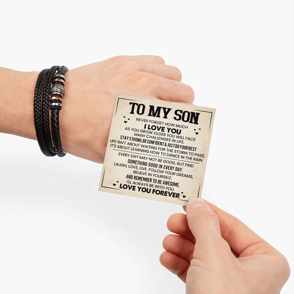To My Son Bracelet, Braided Leather Bracelet with Stainless Steel Beads, Inspirational Message Card, Gift from Mom and Dad, Birthday Graduation Christmas Gift for Son, Keepsake Jewelry for Men