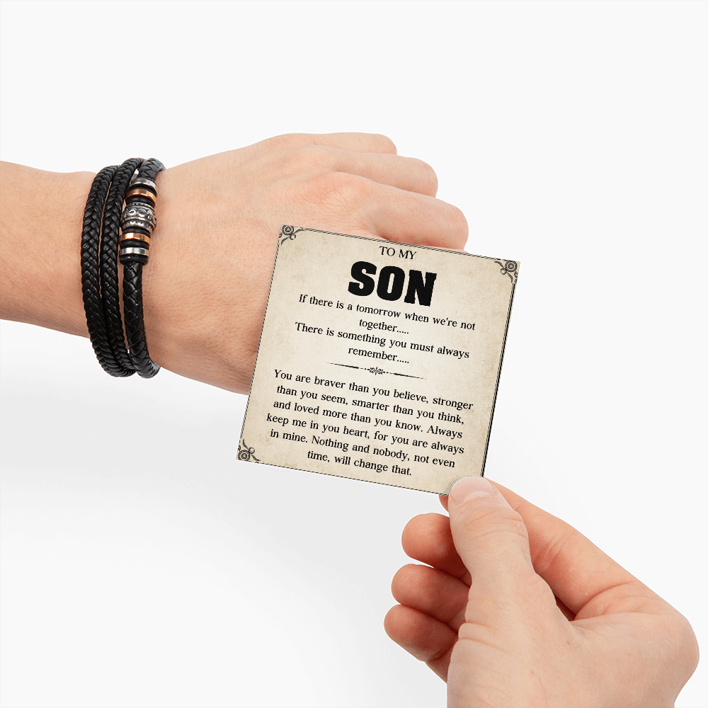 To My Son Bracelet, Braided Leather Bracelet with Stainless Steel Beads, Inspirational Message Card, Gift from Mom and Dad, Birthday Graduation Christmas Gift for Son, Keepsake Jewelry for Men