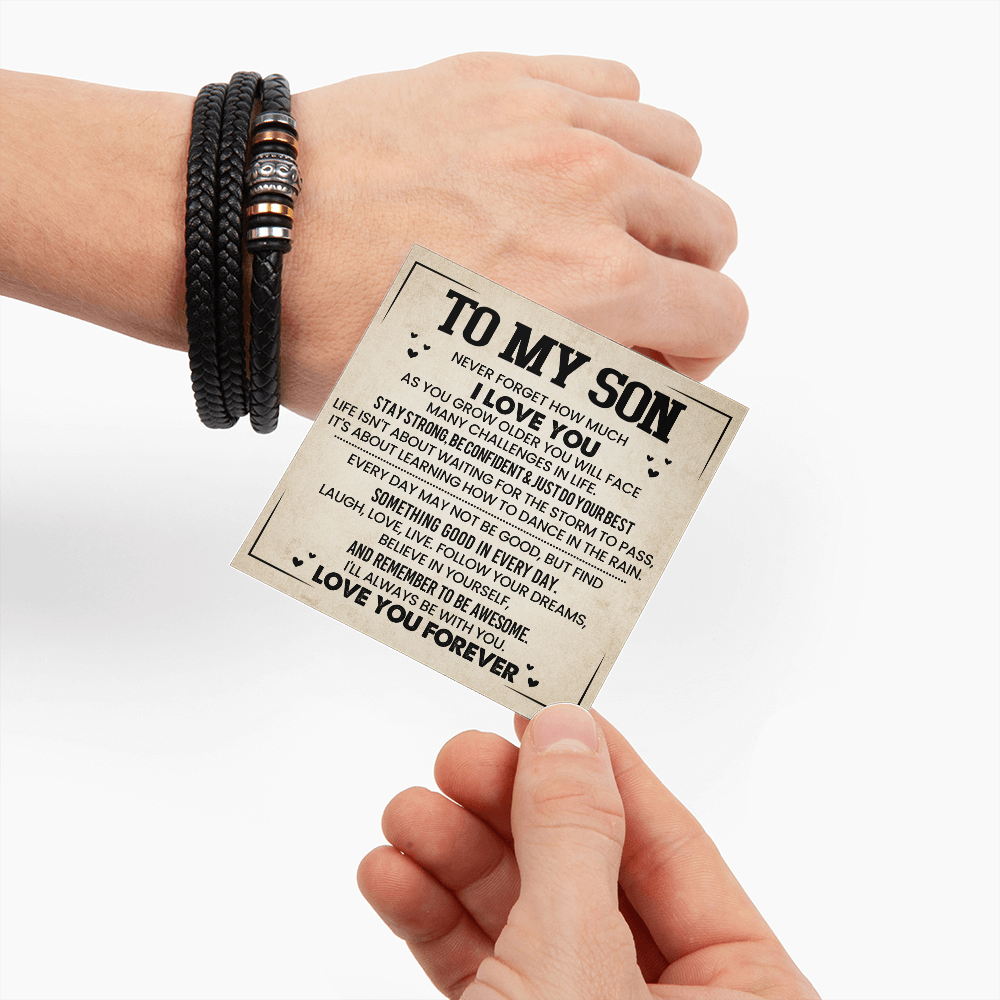 To My Son Bracelet, Braided Leather Bracelet with Stainless Steel Beads, Inspirational Message Card, Gift from Mom and Dad, Birthday Graduation Christmas Gift for Son, Keepsake Jewelry for Men