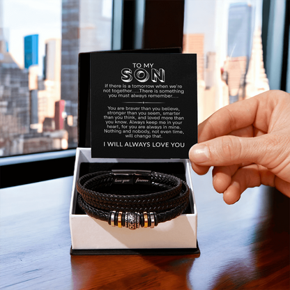 To My Son Bracelet, Braided Leather Bracelet with Stainless Steel Beads, Inspirational Message Card, Gift from Mom and Dad, Birthday Graduation Christmas Gift for Son, Keepsake Jewelry for Men