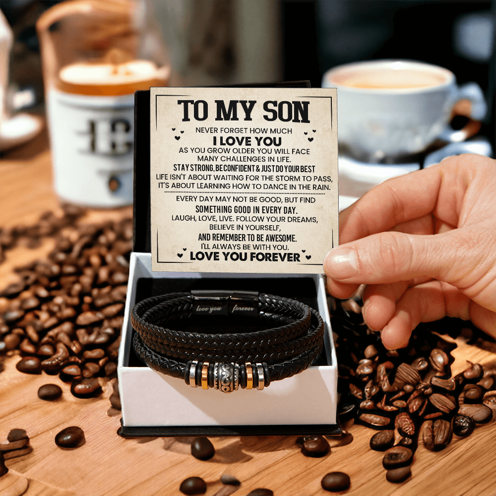 To My Son Bracelet, Braided Leather Bracelet with Stainless Steel Beads, Inspirational Message Card, Gift from Mom and Dad, Birthday Graduation Christmas Gift for Son, Keepsake Jewelry for Men