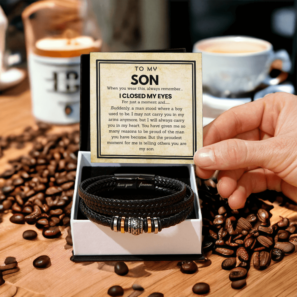 To My Son - Love You Forever Bracelet Jewelry with Heartfelt Message Card for Birthday, Graduation, or Christmas, Meaningful Gift from Mom and Dad