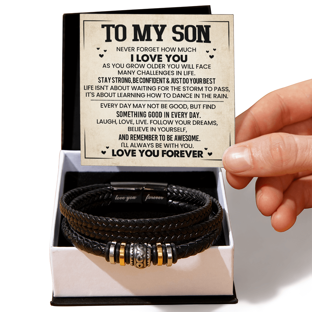 To My Son Bracelet, Braided Leather Bracelet with Stainless Steel Beads, Inspirational Message Card, Gift from Mom and Dad, Birthday Graduation Christmas Gift for Son, Keepsake Jewelry for Men