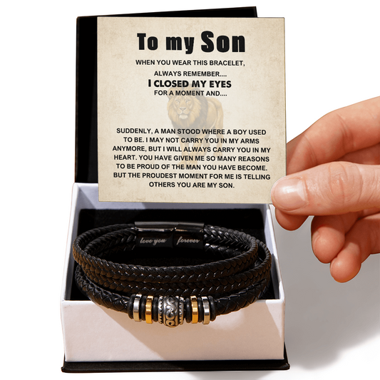 To My Son Bracelet, Braided Leather Bracelet with Stainless Steel Beads, Inspirational Message Card, Gift from Mom and Dad, Birthday Graduation Christmas Gift for Son, Keepsake Jewelry for Men