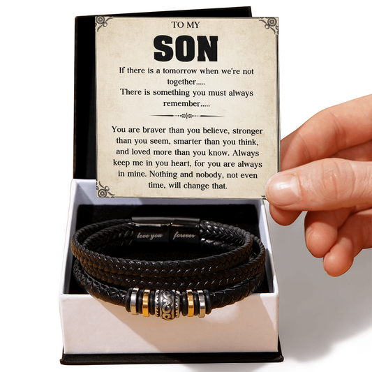 To My Son Bracelet, Braided Leather Bracelet with Stainless Steel Beads, Inspirational Message Card, Gift from Mom and Dad, Birthday Graduation Christmas Gift for Son, Keepsake Jewelry for Men