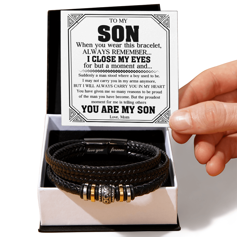 To My Son - Love You Forever Bracelet Jewelry with Heartfelt Message Card for Birthday, Graduation, or Christmas, Meaningful Gift from Mom and Dad