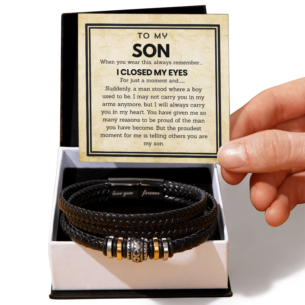To My Son - Love You Forever Bracelet Jewelry with Heartfelt Message Card for Birthday, Graduation, or Christmas, Meaningful Gift from Mom and Dad