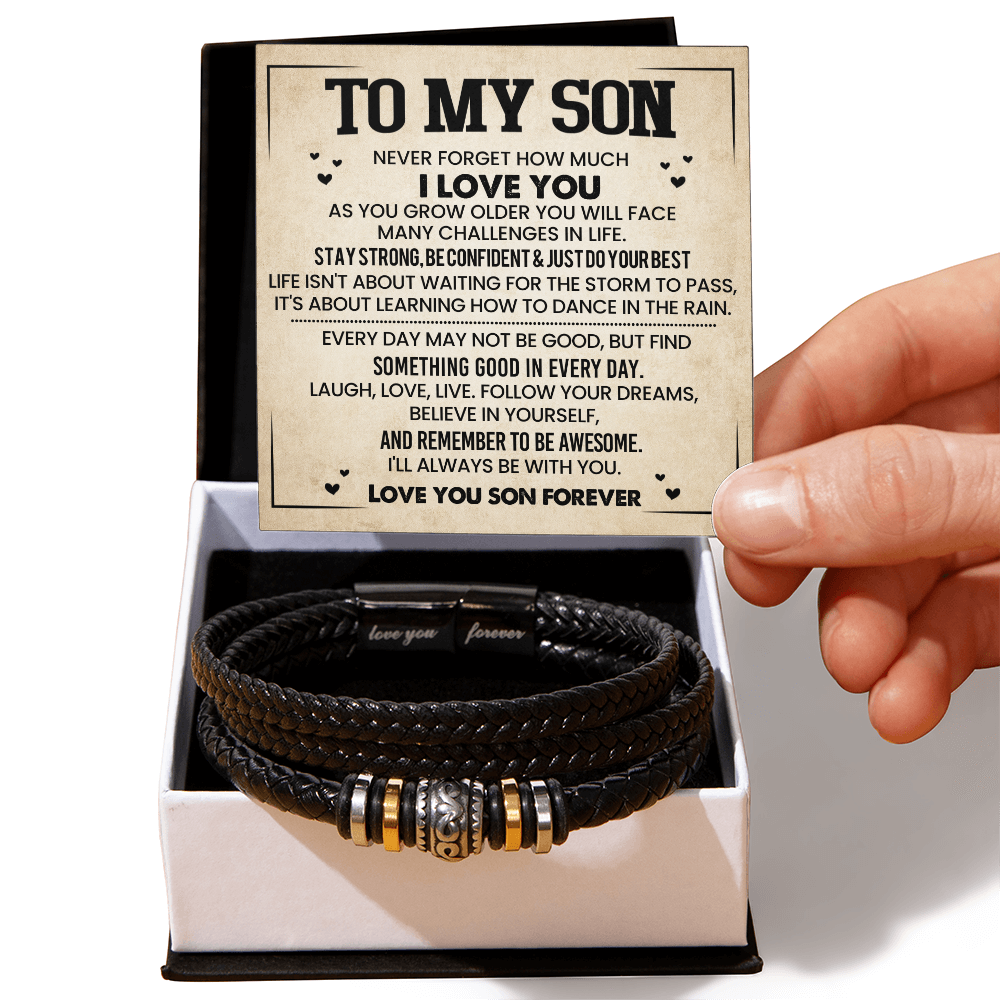 To My Son Bracelet from Mom – Braided Leather Cross Gift with Card, Birthday Graduation Present