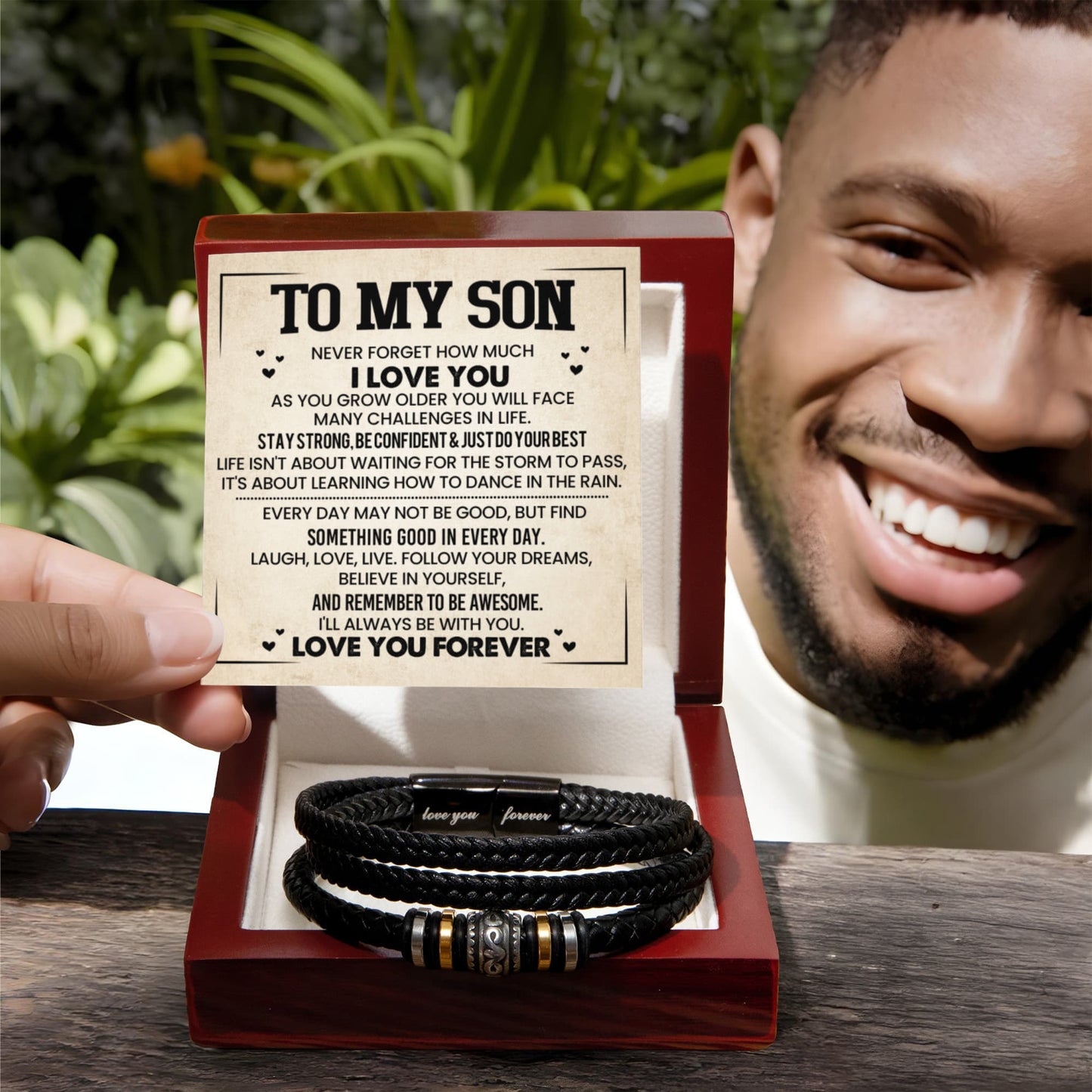 To My Son Bracelet, Braided Leather Bracelet with Stainless Steel Beads, Inspirational Message Card, Gift from Mom and Dad, Birthday Graduation Christmas Gift for Son, Keepsake Jewelry for Men