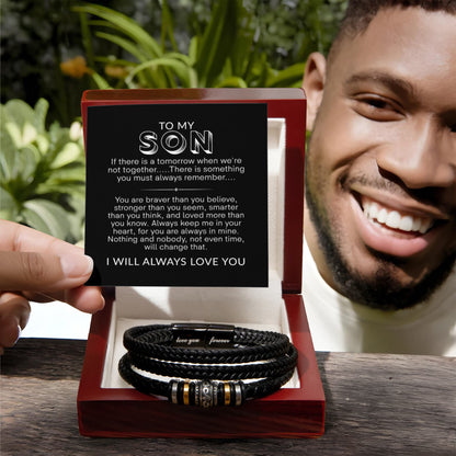 To My Son Bracelet, Braided Leather Bracelet with Stainless Steel Beads, Inspirational Message Card, Gift from Mom and Dad, Birthday Graduation Christmas Gift for Son, Keepsake Jewelry for Men