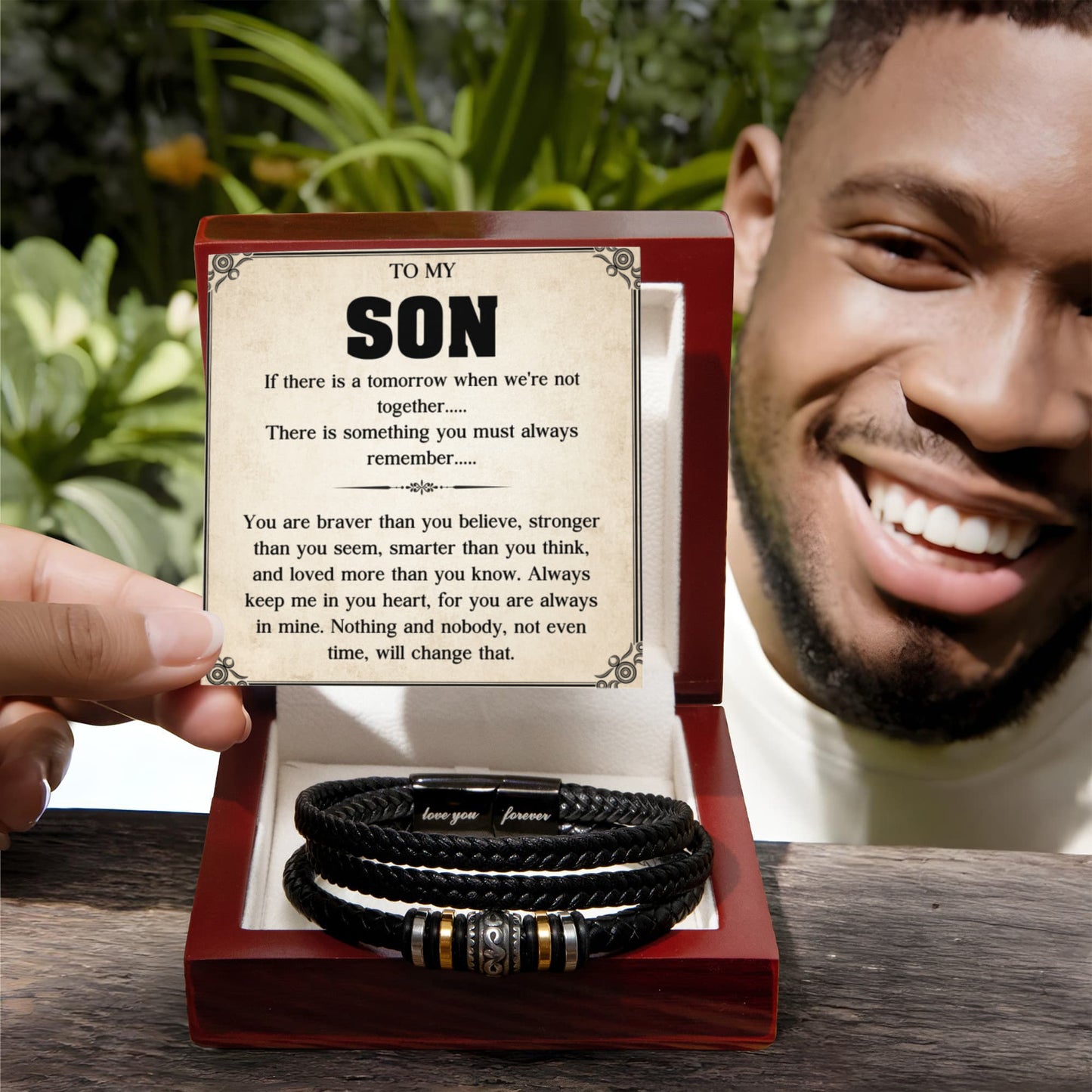 To My Son Bracelet, Braided Leather Bracelet with Stainless Steel Beads, Inspirational Message Card, Gift from Mom and Dad, Birthday Graduation Christmas Gift for Son, Keepsake Jewelry for Men
