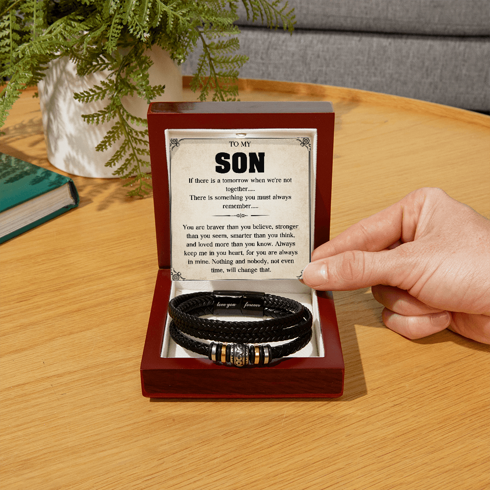 To My Son Bracelet, Braided Leather Bracelet with Stainless Steel Beads, Inspirational Message Card, Gift from Mom and Dad, Birthday Graduation Christmas Gift for Son, Keepsake Jewelry for Men