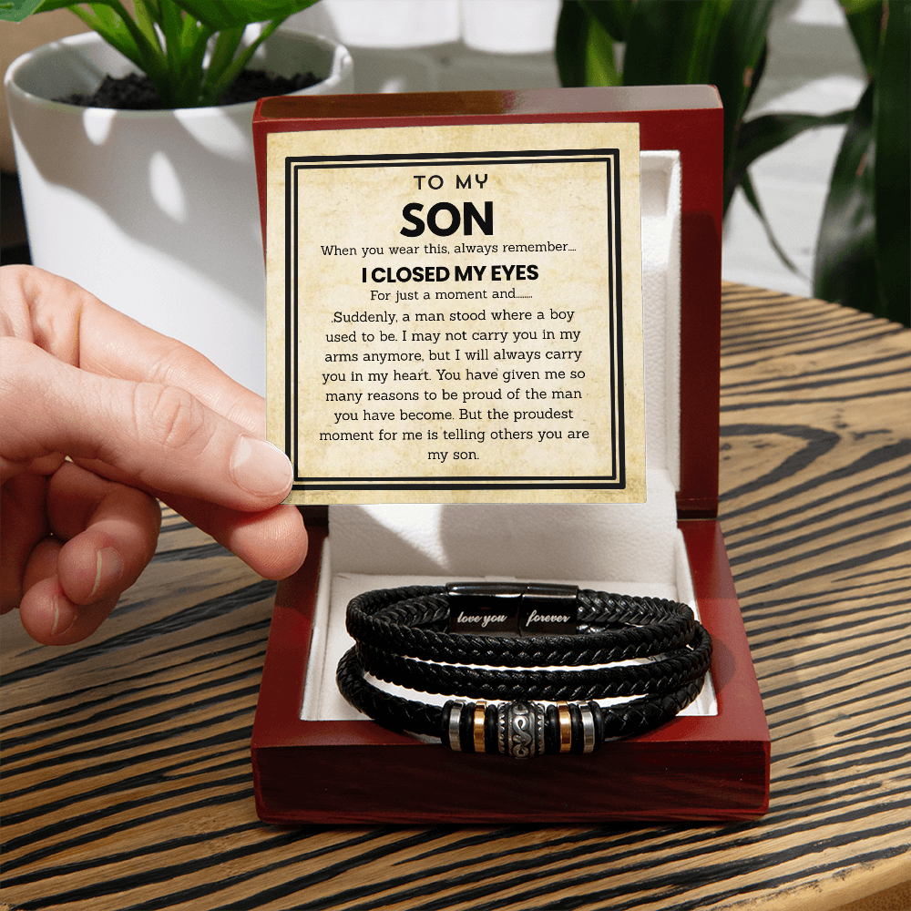 To My Son - Love You Forever Bracelet Jewelry with Heartfelt Message Card for Birthday, Graduation, or Christmas, Meaningful Gift from Mom and Dad