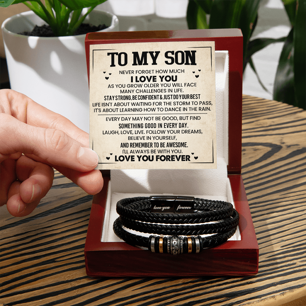 To My Son Bracelet, Braided Leather Bracelet with Stainless Steel Beads, Inspirational Message Card, Gift from Mom and Dad, Birthday Graduation Christmas Gift for Son, Keepsake Jewelry for Men