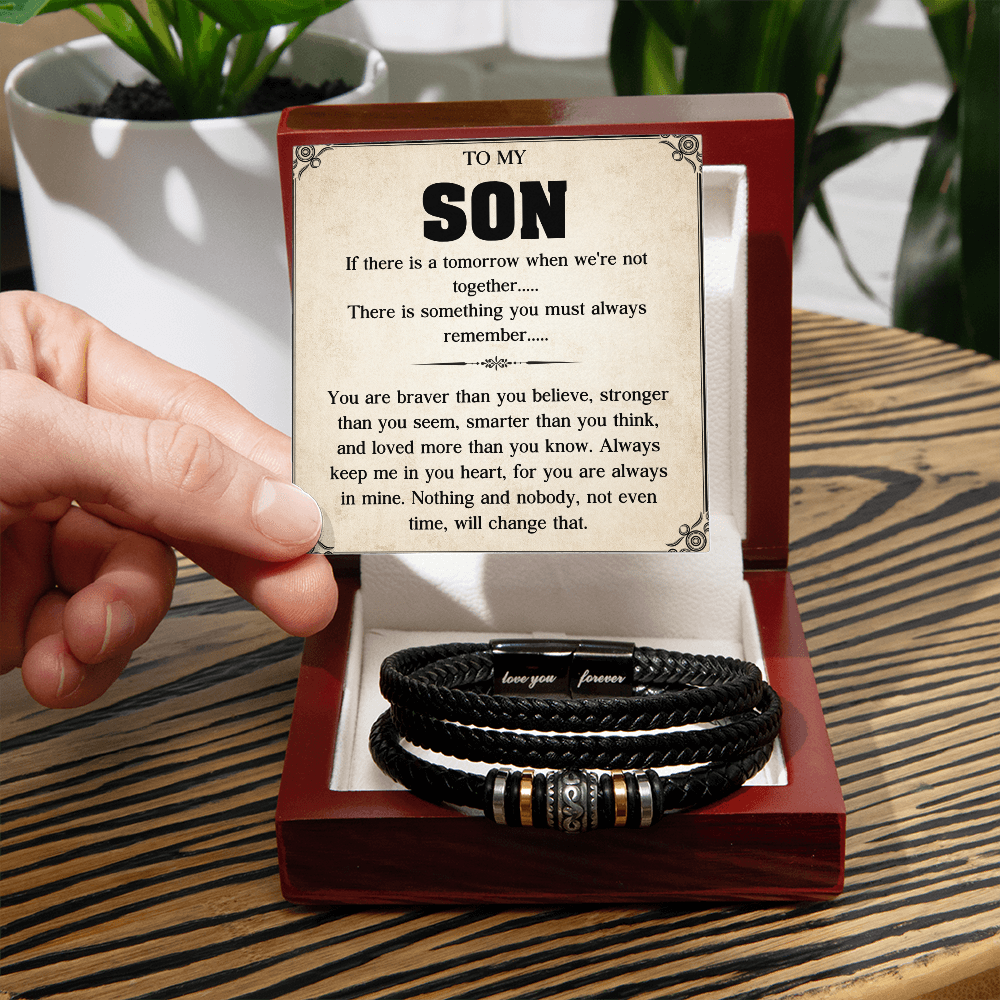 To My Son Bracelet, Braided Leather Bracelet with Stainless Steel Beads, Inspirational Message Card, Gift from Mom and Dad, Birthday Graduation Christmas Gift for Son, Keepsake Jewelry for Men