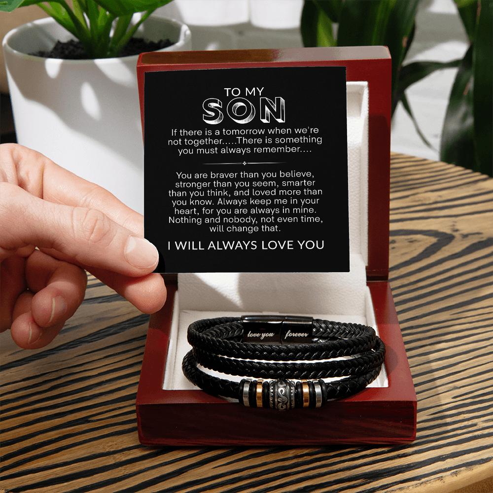 To My Son Bracelet, Braided Leather Bracelet with Stainless Steel Beads, Inspirational Message Card, Gift from Mom and Dad, Birthday Graduation Christmas Gift for Son, Keepsake Jewelry for Men